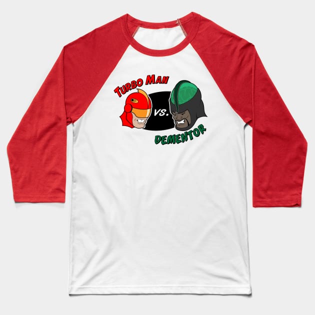 Turbo Man Showdown Baseball T-Shirt by Lights, Camera, Podcast